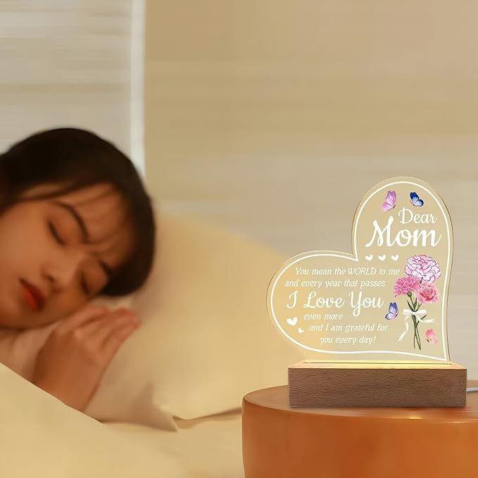 Carnation Heart Shape 3D Crystal Acrylic Light Base with Wood Stand, LED Light for Kids Room Decor, Gift for Mom on Birthday or Holiday, Home Décor Art Display - Bloomnest