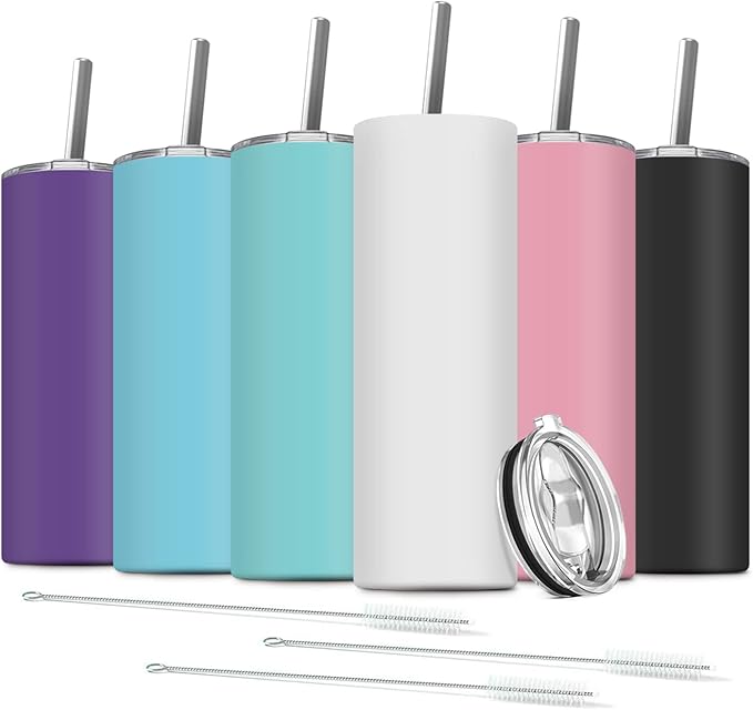 6 Pack Stainless Steel Skinny Tumbler, 20 OZ Double-Insulated Water Tumbler Cup with 6 Straw and 3 Brush, Vacuum Travel Mug Gift for Hot Cold Drinks with Cleaning(Assorted Colors) - Bloomnest