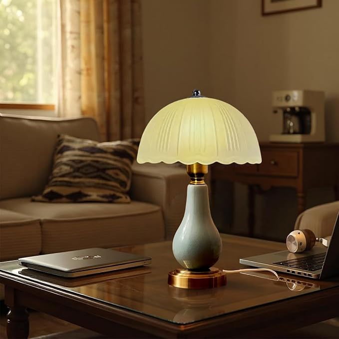 Large Table Light 3 Color Adjustable Ceramic Lamp Vintage Nightstand Lamps Dimmable Bedside Table Lamps for Living Room Bedroom Home Office (Cyan) - Bloomnest