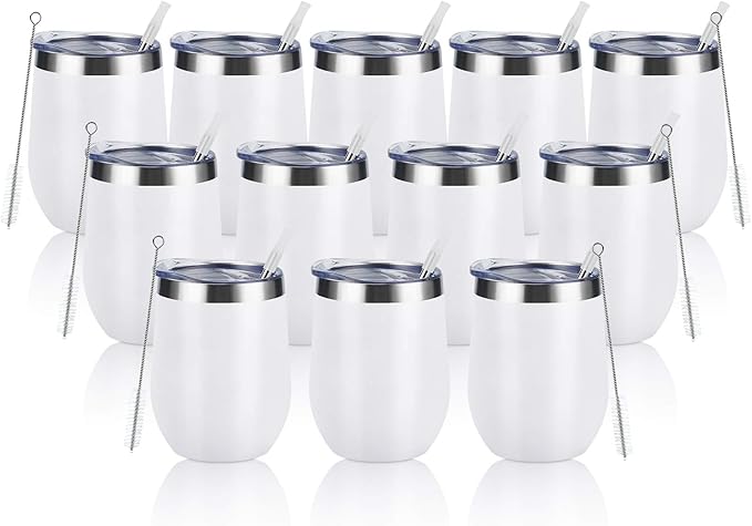 12 Pack Stainless Steel Wine Tumblers, 12Oz Double Wall Vacuum Insulated Wine Tumblers with Lids and Straws, Stainless Steel Stemless Wine Glasses for Coffee, Wine, Cocktails, Champaign, White… - Bloomnest