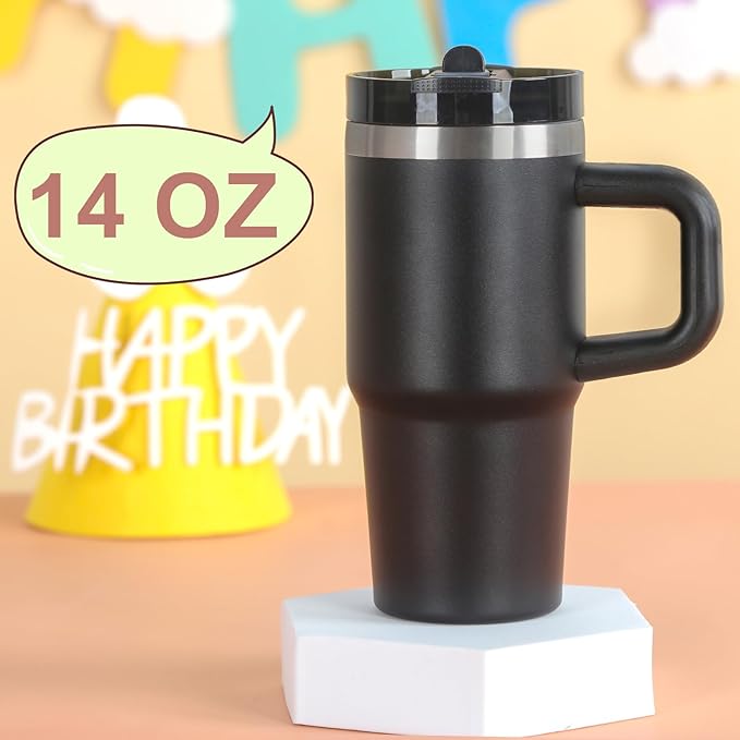 Cosictic 14 Oz Flip Straw Tumbler with Handle for Kids, Stainless Steel Double Wall Insulated Cup for Children with Flip Top Lid, 14 Oz Leak-proof Cups for Kids,Black - Bloomnest