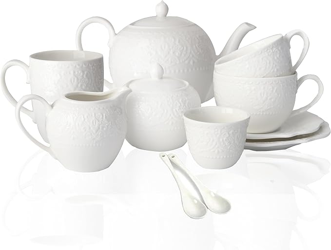 Tea Set 11 Pieces Tea Sets for Adults Ceramic Cookware Tea Cups and Saucers Teapot, Sugar Bowl, Creamer and Teaspoon（White） - Bloomnest