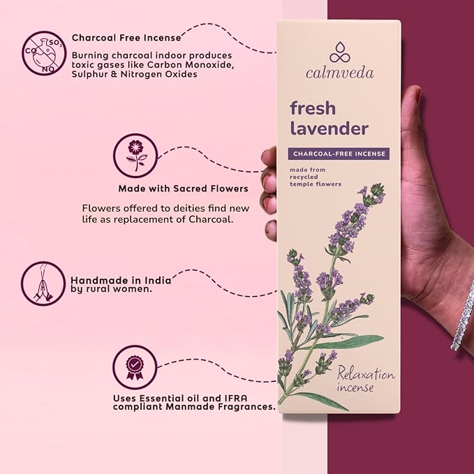 Fresh Lavender Incense for Calming - 80 Charcoal Free Incense Sticks, Made from Upcycled Flowers | Organic Incense Sticks Non Toxic | Use for Relaxation & Improves Sleep