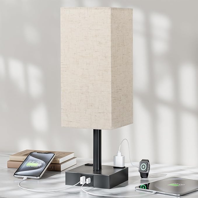 Touch Bedside Table Lamp for Nightstand - 3-Way Dimmable Night Lamp with USB A + Type C Charging Ports and Two AC Outlets, Small Desk Light with E26 LED Bulb for Bedroom Living Room Dorm, Beige - Bloomnest