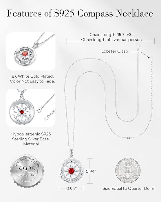 S925 Necklace Gift for Wife |Compass Jewelry |Women Anniversary |Sterling Silver |Girlfriend Birthday Gifts for Her Valentines |I'd be Lost without You |Jewel 18K Gold - Bloomnest