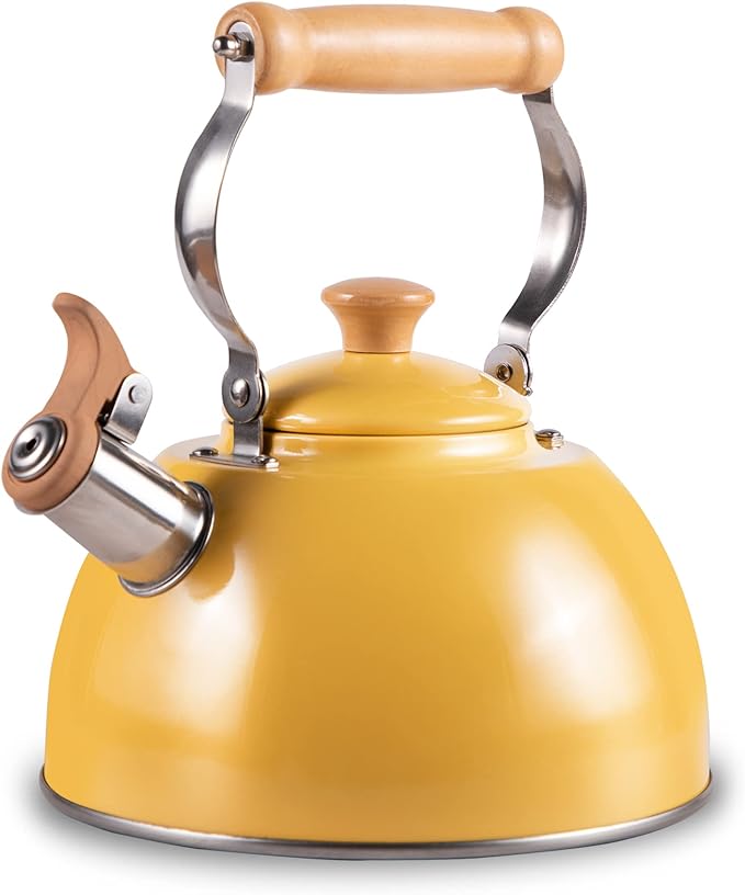 ROCKURWOK Tea Kettle, Tea Pot with Cool Touch Ergonomic Handle, Teapot Food Grade Stainless Steel, Tea Kettle Stovetop, Kettle Teapot, Whistling Tea Kettle, Tea Pot, 2.7 Quart (Yellow) - Bloomnest