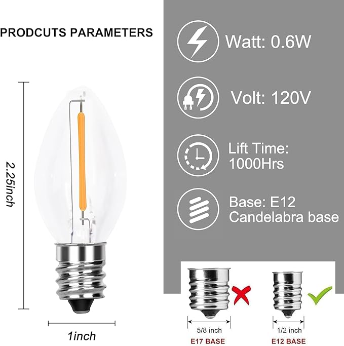 25 Pack C7 LED Replacement Christmas Light Bulb, Shatterproof LED Bulbs for Christmas Outdoor Indoor String Lights, E12 Candelabra Base, 0.6 Watt, Saving Enengy LED Bulbs, Warm White - Bloomnest