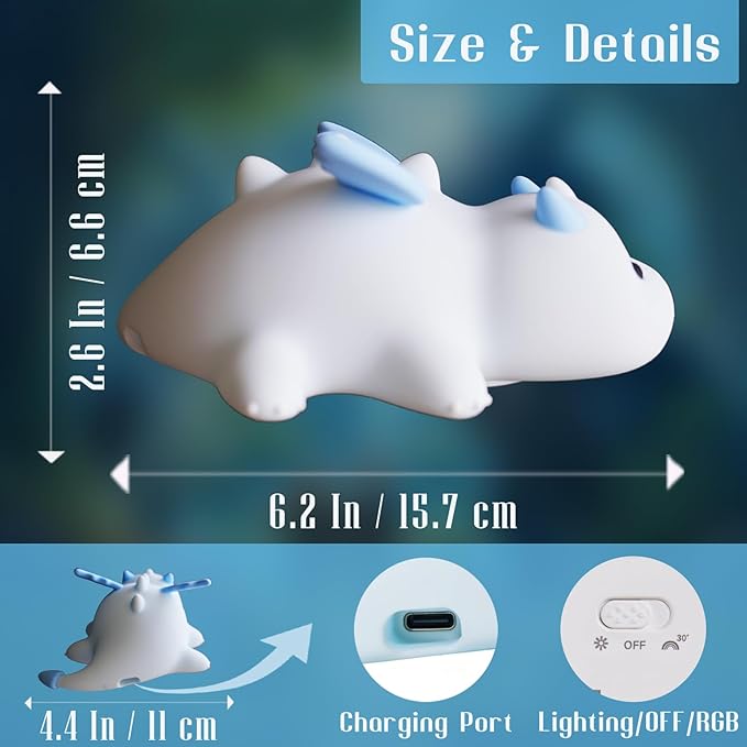Dragon Night Light, Cute Baby Dragon Gifts, Soft Silicone Lamp with 3 Level Warm Light and RGB Changing, Breastfeeding Nursery Portable Kawaii Bedside Lamp for Baby, Toddler, Boys and Girls - Bloomnest