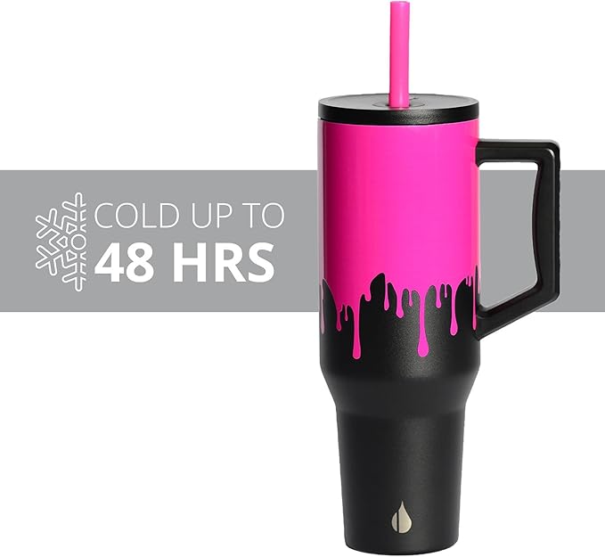 Elemental 40 oz Tumbler with Handle and Straw - Spill Proof Insulated Stainless Steel Commuter for Hot and Cold Beverages - Travel Coffee Mug with 2 Straws & Spill Proof Lid - 40oz - Hot Pink Drip - Bloomnest