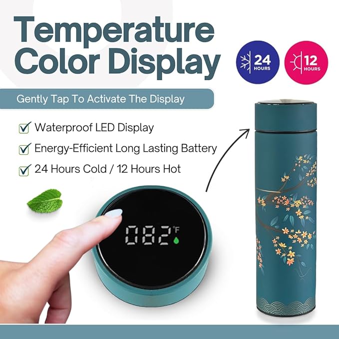 Farasi Set of Two Tea Infuser Bottle for Hot and Cold Infusions for Loose Leaf Tea Smart Water Bottle with Fahrenheit Temperature Display, Stainless Steel, Insulated Infuser Bottle - 15 oz - Bloomnest