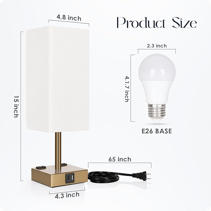 Bedside Lamp with USB Ports - Touch Control Table Lamp for Bedroom with USB C+A Ports & AC Outlets, 3 Way Dimmable Nightstand Light with Pleated Shade for Living Room(Bulb Included) - Bloomnest