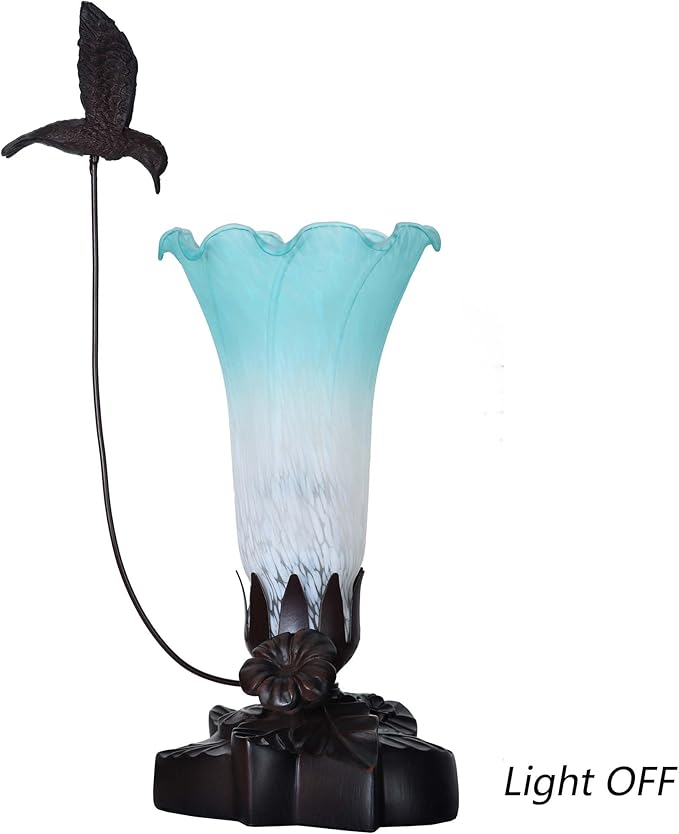 Bieye LL08 Hummingbird Flying Over Lily Flower Blown Glass Table Lamp for Home Decor (White Cyan, 4.25Wx12H)