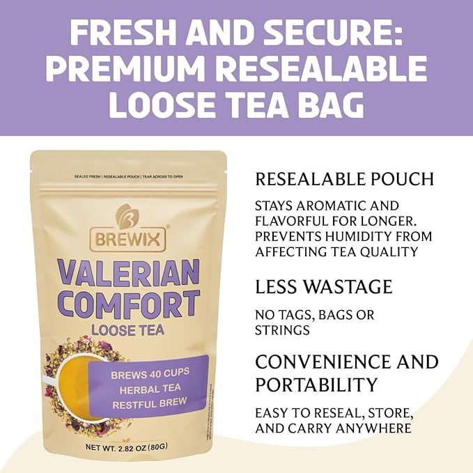 BREWIX, Valerian Comfort Tea for Sleep and Relaxation (40+ Cups, 2.82oz/80g) Caffeine-Free and Calming for Bedtime | Valerian Root, Chamomile & Lavender | Perfect Wellness Sleep - Bloomnest