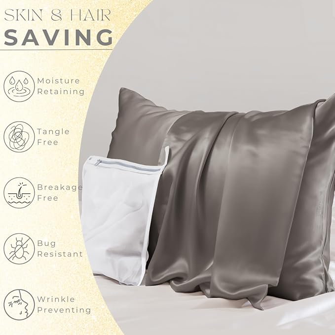 PROMEED Grey Silk Pillowcase Standard Size - Both Sides 23 Momme Grade 6A+Mulberry Silk Pillow Case Covers for Hair and Skin, Soft and Acne Free (Standard 20"x26", Grey) - Bloomnest
