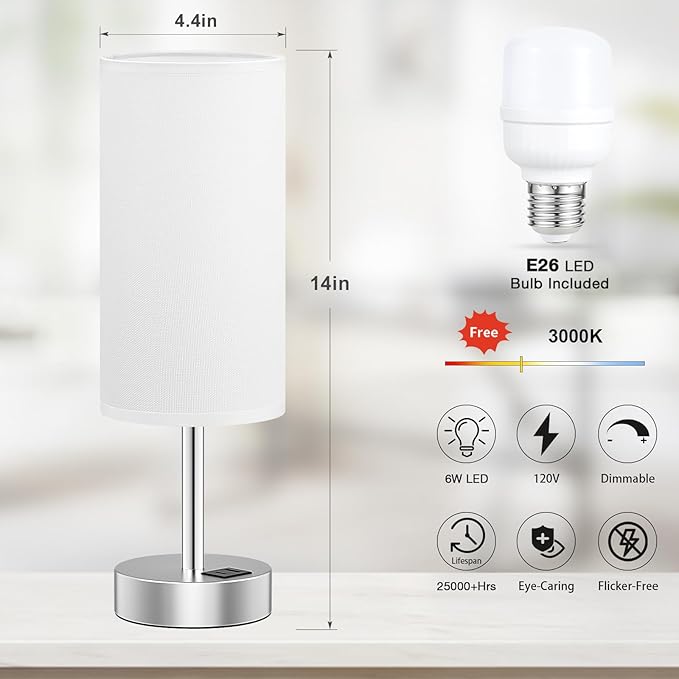 Dicoool White Touch Bedside Lamp with USB - 3 Way Dimmable Table Lamp for Bedroom, Nightstand Lamp with Nickel Charging Station and Silver LampHolder for Dorm Kids Room, Small - Bloomnest