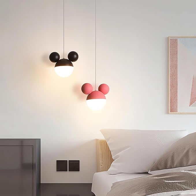 Cartoon Mouse Pendant Lighting for Kitchen Island, Creative Personality Iron Chandelier ，Pink Children's Bedroom Adjustable Cord Ceiling Lamp Shade Hanging Lights for Cafe Dining Room Bedroom (Black) - Bloomnest