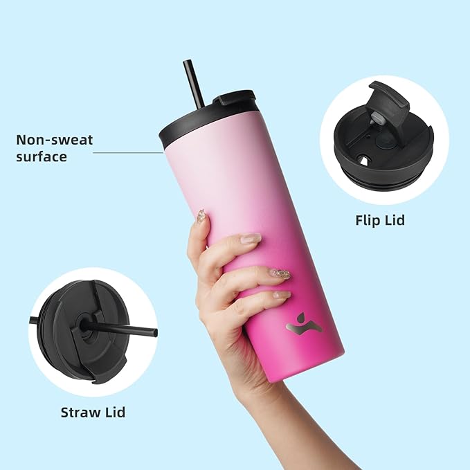 34 OZ Insulated Tumbler with Lid and 2 Straws Stainless Steel Water Bottle Vacuum Travel Mug Coffee Cup,Cherry - Bloomnest