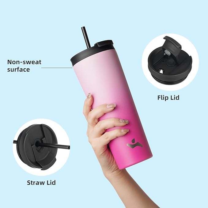 18 OZ Insulated Tumbler with Lid and 2 Straws Stainless Steel Water Bottle Vacuum Travel Mug Coffee Cup,Cherry - Bloomnest