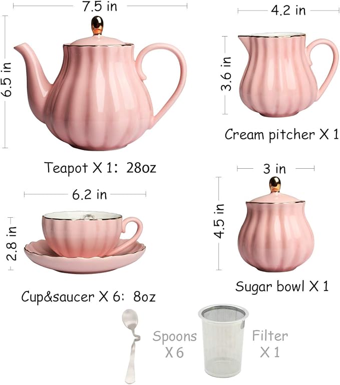 Sweejar Porcelain Tea Sets British Royal Series, 8 OZ Cups & Saucer Service for 6, with Teapot Sugar Bowl Cream Pitcher Teaspoons and Tea Strainer, Suitable for High Tea, Wedding, Party (Pink) - Bloomnest