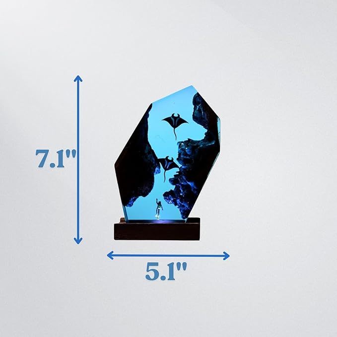 Handmade 3D Ocean Resin Lamp, Epoxy Ocean Night Light with Wooden Base, LED Color Changing Table Lamp, USB Powered Dragons Decor, Unique Ocean Gift for Bedroom & Home Office (Manta Ray) - Bloomnest