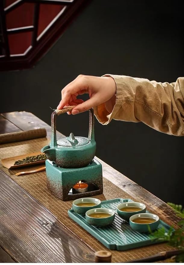 Ceramic travel tea set. 1 pot, 4 cups, 1 tea tray, 1 tea warmer, Chinese Kung Fu tea set, 2 colors (green) - Bloomnest