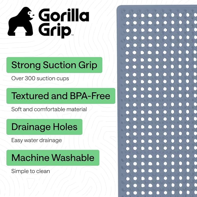 GORILLA GRIP Patented Bath Tub Shower Mat, Machine Washable Bathtub Floor Liner Mats, Suction Cups and Drain Holes to Keep Tubs Clean, Soft on Feet, Bathroom Essentials, 35x16 Inch, Sky Blue Opaque - Bloomnest