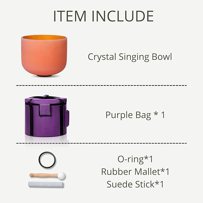 Orange D Note Sacral Chakra 8 inch Quartz Crystal Singing Bowl, for Healing Mindfulness Meditation Yoga Sound Baths, with Case Rubber Mallet