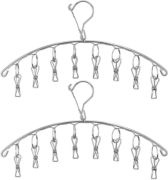 2Pcs Clothes Drying Hanger with 16 Clips, Stainless Steel Sock Air Drying Rack, Windproof Anti-Lost for All Small Laudry Item and Herbs - Bloomnest