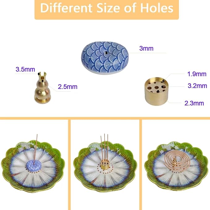 Ceramic Incense Holder for Sticks, Handmade Incense Burner Trays with 3 Pcs Incense Holes, Multi-Purpose Ash Catcher for Coils, White Sage & Palo Santo, Smudge Bowl for Meditation, Yoga, Decor (Green)