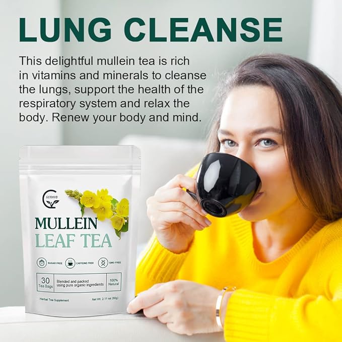 Mullein Leaf Tea Bags - Lungs Cleanse and Respiratory Support, Herbal Teas, Caffeine Free, 30 Tea Bags - Bloomnest