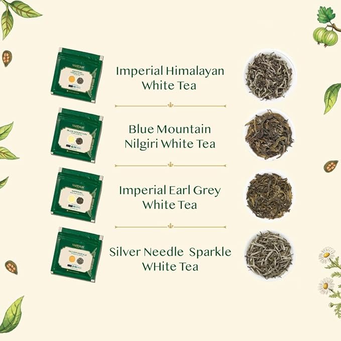 VAHDAM, Assorted White Tea Sampler Gift Set, Gluten Free, Non GMO - 4 Unblended White Loose Leaf Tea Sampler | Tea Variety Pack | Tea Gift Set, Gifts for Women & Men - Bloomnest