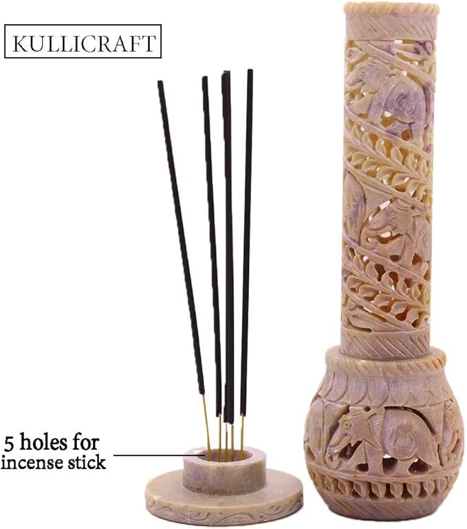 Carry Me Hand Carved Soapstone Incense Stick Holder | Candle Burner | Tea Light Stand. Elephant Jaali Carving Bottle Shape. Decorative Home and Kitchen Decor - (3x3x10.5 Inches) - Bloomnest