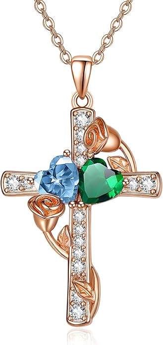Rose Gold Dual Birthstones Cross Necklace for Women Rose Flower Jewelry Anniversary Christmas Mother's Valentine's Day Birthday Gift for Wife Girlfriend Mom - Bloomnest