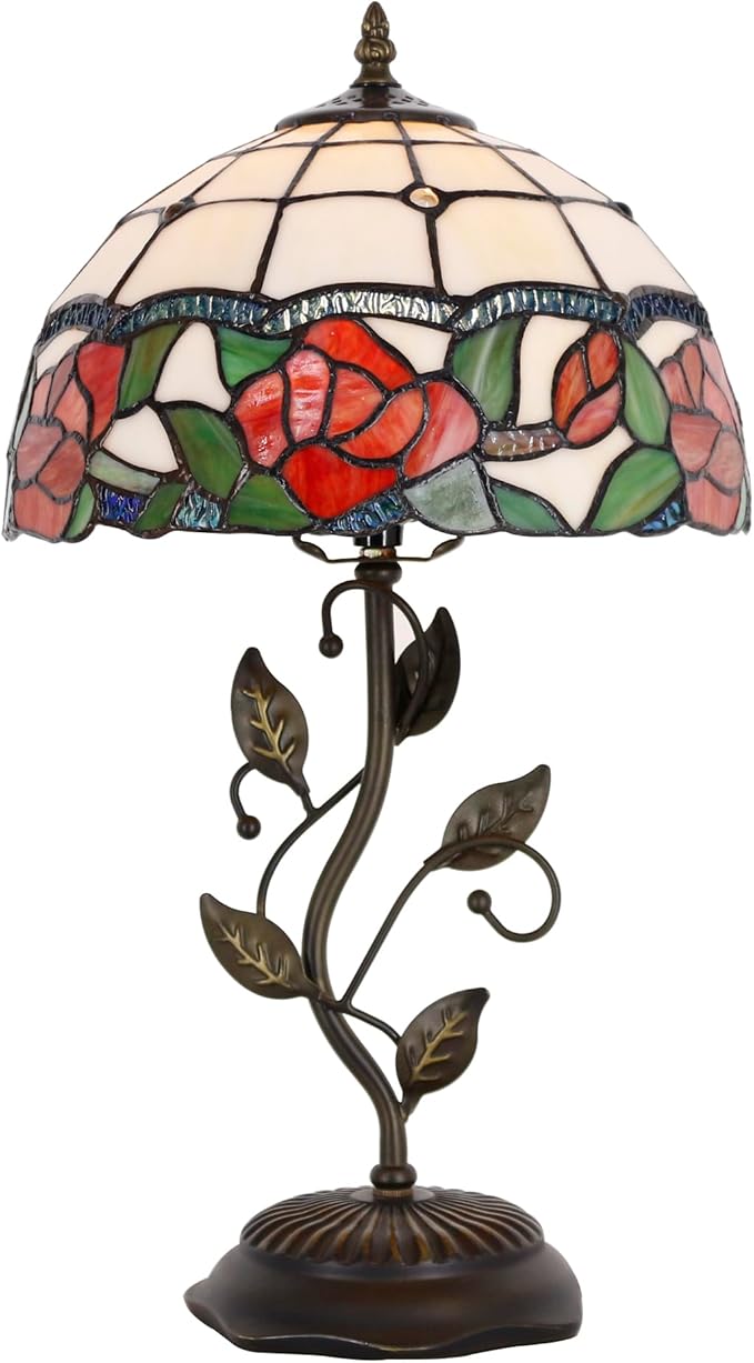 Tiffany Lamp Rose Flower Style Stained Glass Table Lamp Desk Bedside Reading Light 12X12X19 Inches with Metal Leaf Base Decor Bedroom Living Room - Bloomnest