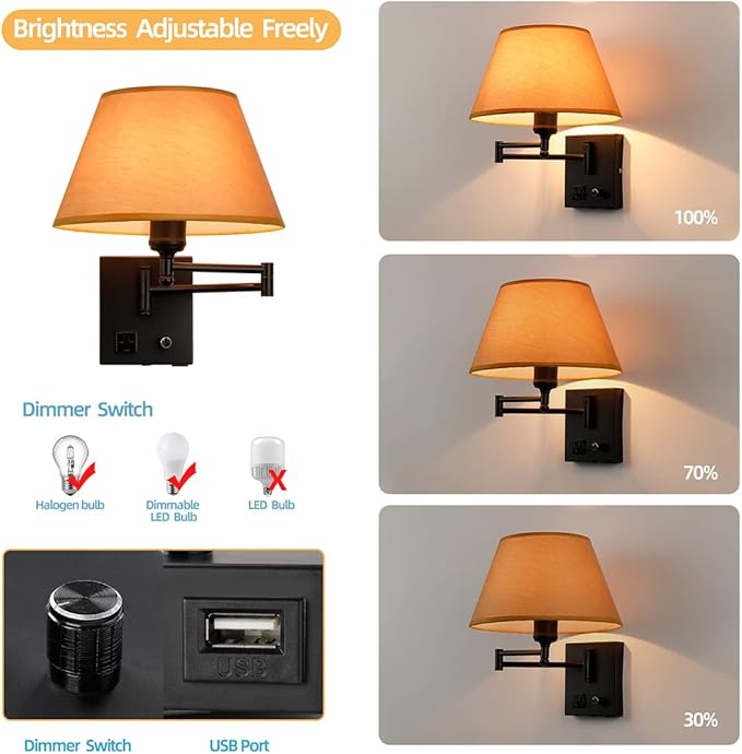 Swing Arm Wall Sconces, Plug-in Wall lamp,Bedroom Wall lamp ， White Fabric Shade with dimmable Switch and USB Charging Port,Suitable for Bedside,Living Room,Reading (Black. Gold Shadow) - Bloomnest