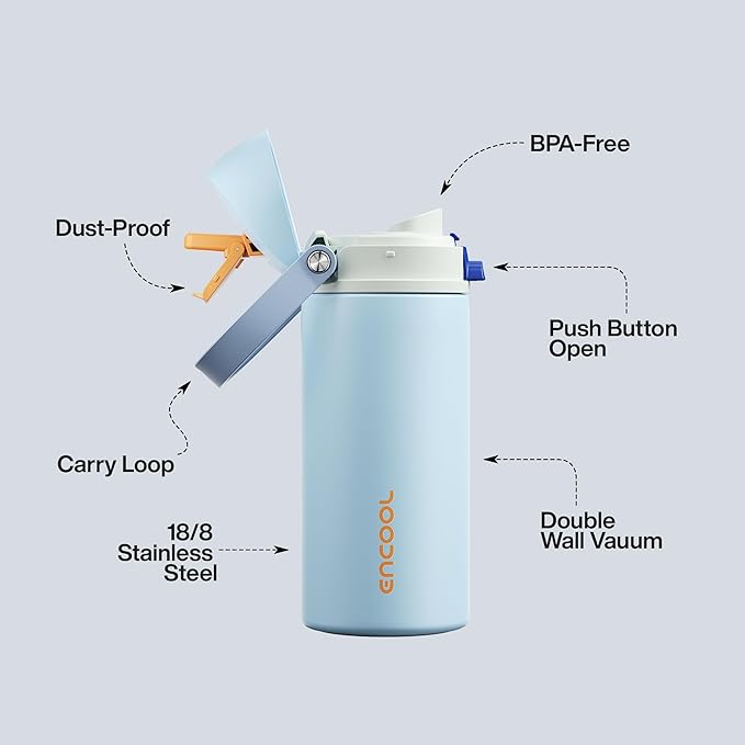 Insulated Water Bottle with Straw - Encool Stainless Steel Water Bottle with Push Button Lid, Leak-Proof & BPA-Free, Keeps Cold for 24 Hours for Sports, Travel, Gym (24 oz, Hazy Blue-Blue) ENCOOL