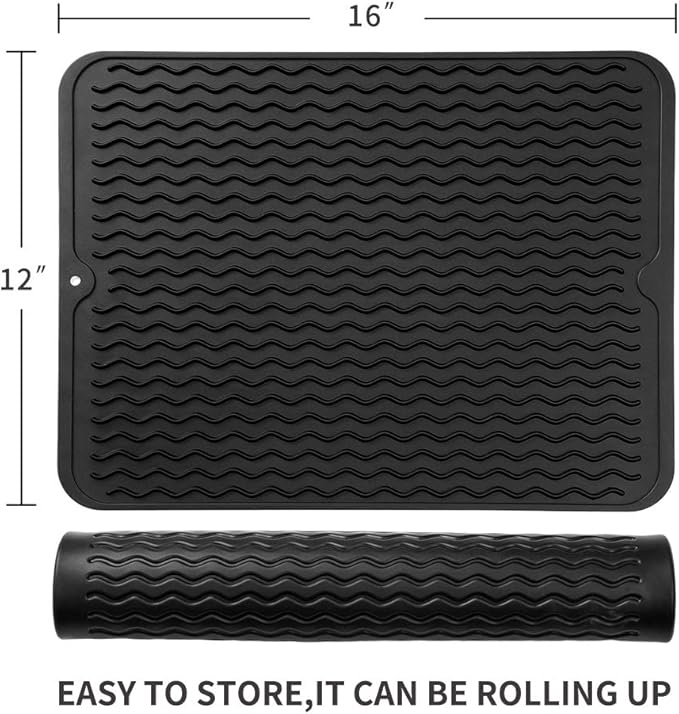 Silicone Dish Drying Mat for Multiple Usage,Easy clean,Eco-friendly,Heat-resistant Silicone Mat for Kitchen Counter or Sink,Refrigerator or drawer liner Black L 16 inches x 12 inches - Bloomnest