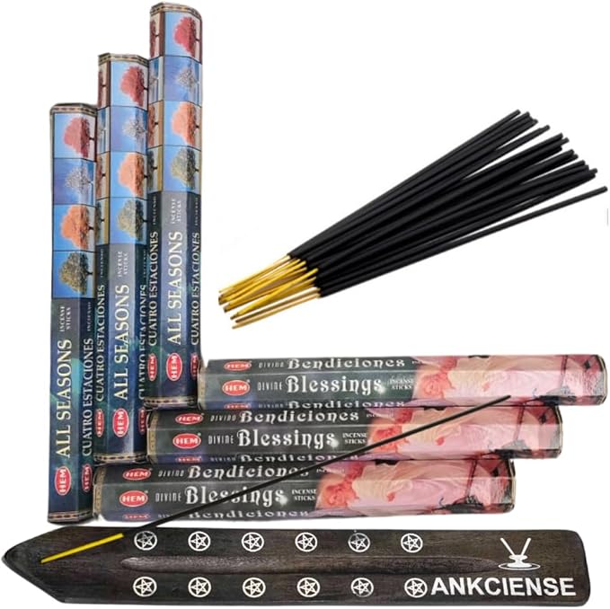 Sandalwood & Vanilla Incense from Hem Bundled with ANKCIENSE Incense Holder Bundle, Variety Pack of 120 Sticks (All Seasons & D Blessings) ANKCIENSE