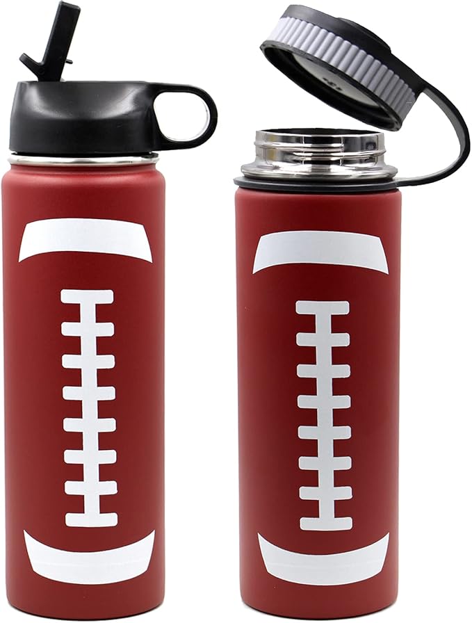 22 oz Football Water Bottle with Straw, Sports Flask Metal Travel Tumbler with 2 Lids, Stainless Steel Double Wall Vacuum Insulated Leak Proof Thermo Water Bottles, Football Gear Gifts for Boys Girls - Bloomnest