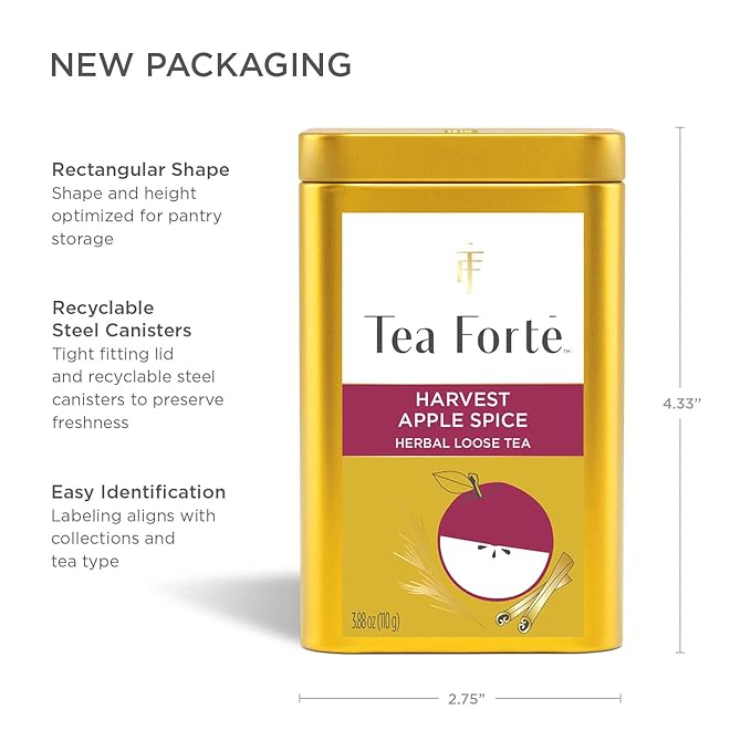 Tea Forte Harvest Apple Spice Premium Loose Leaf Caffeine-Free Herbal Tea Blend Canister, Makes 35-50 Cups - Bloomnest