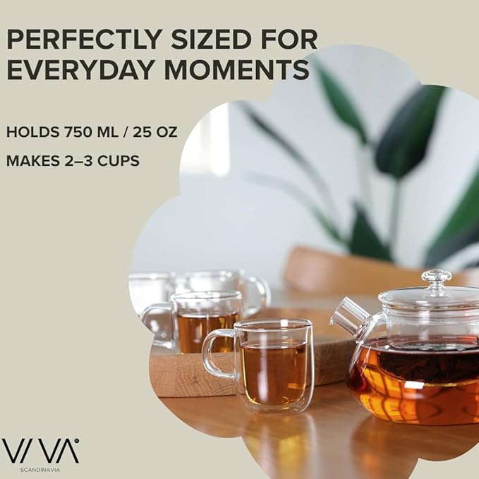 Viva Nicola All Borosilicate Glass Teapot with Tea Included, Lid, with Removable Infuser for Loose Leaf Tea - No Metal Or Plastic for The Perfect Brew, 25oz Tea Maker, Stove Top Safe, No Drip Spout