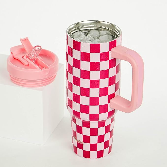 ProTour 100% Leakproof 40 oz Tumbler with Handle & 4-in-1 SipSwig Lid | Built-In Flip Straw & External Stainless Steel Straw | Insulated Stainless Steel Cup | BPA-Free | Pink Checkered - Bloomnest