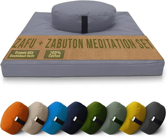 Bean Products Meditation Cushion Mat Set - Zafu Floor Pillow Organic Buckwheat Pillow + Cotton Filled Zabuton Prayer Pad - Meditation Pillow Yoga Knee Pad - Made in USA - 14" Round or 18" Oval - Bloomnest