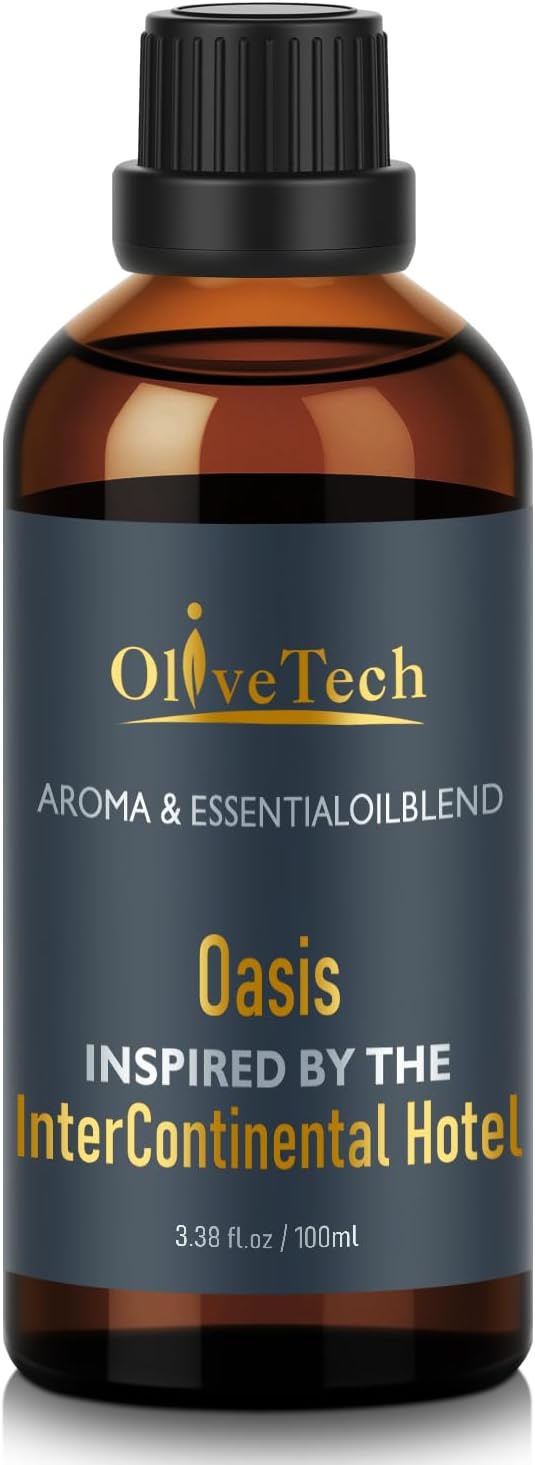 Hotel Diffuser Oil Inspired by Intercontinental Hotel Oasis Scent, OliveTech Aromatherapy Fragrance Oil for Cold Air & Ultrasonic Diffusers, 100ml / 3.38 ft oz Glass Bottle OliveTech