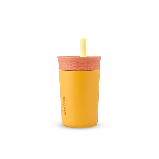 Owala Kids Insulation Stainless Steel Tumbler with Spill Resistant Flexible Straw, Easy to Clean, Kids Water Bottle, Great for Travel, Dishwasher Safe, 12 Oz, Peach and Yellow (Picnic) - Bloomnest