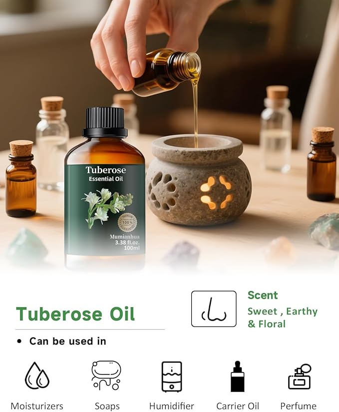 Mumianhua Tuberose Essential Oil 100% Pure Therapeutic Grade Natural Flower Tuberose Oil for Diffuser, Massage, Yoga, Skin,Hair, DIY Perfumes & Fragrance Candle Making Scents 3.38 Fl Oz - Bloomnest