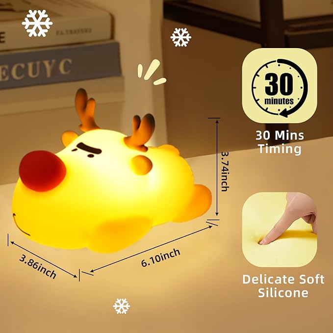 Eco-Friendly Reindeer Night Light - Energy Efficient LED Desk Lamp, Rechargerable Dimmable Nursery Soft Touch Bedside Baby Squishy Night Light, Portable Nightlight for Adults/Kids - Bloomnest