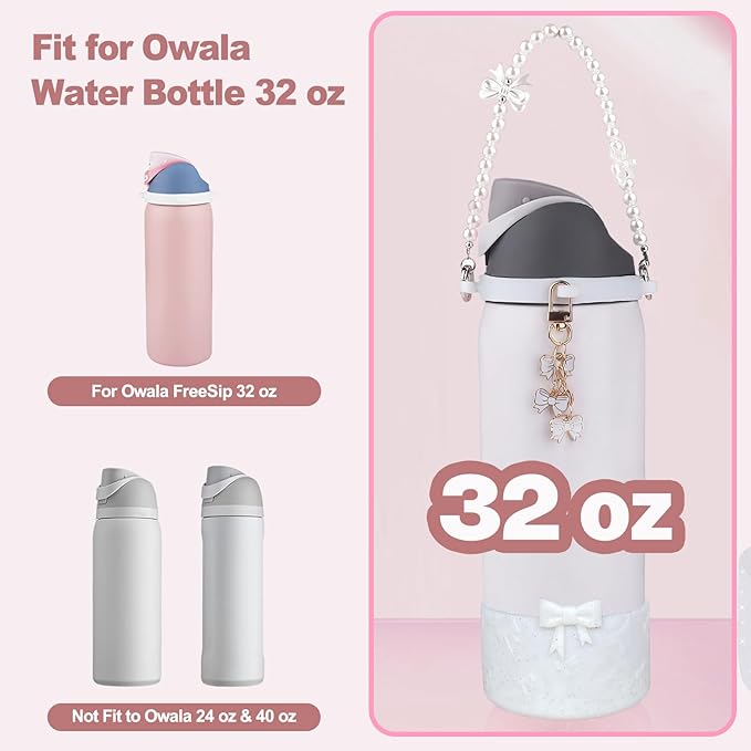Water Bottle Accessories Set for Owala FreeSip 24oz、32 oz– Includes Pearl Handle Strap, Bow Charms,2.9in .3inch Silicone Bling Boot for Owala Accessories for Women Bloomnest