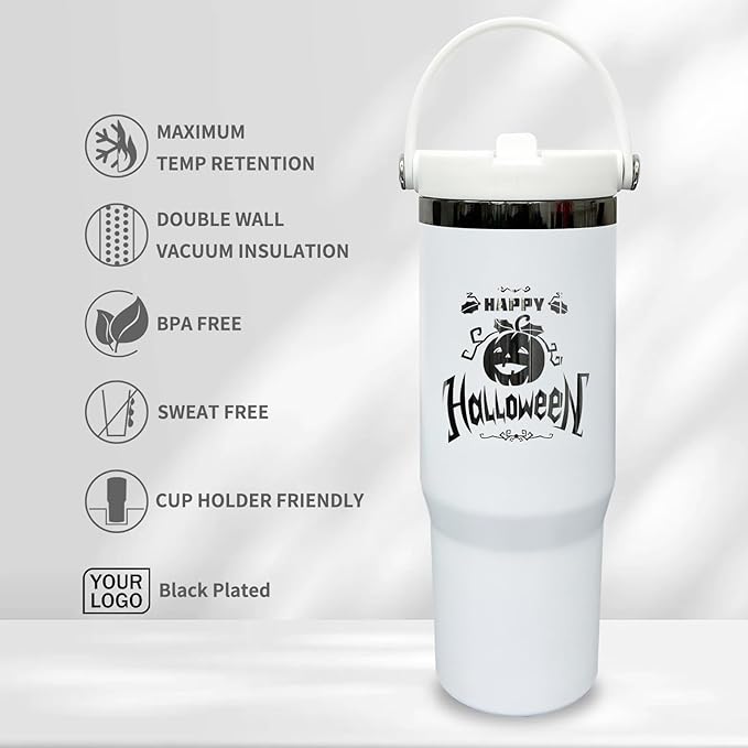 30 oz Tumbler with Handle, Double Wall Vacuum Insulated Tumblers with Flip Straw, Coffee Mug 30oz Powder Coated Cup for Hot and Cold Drinks(Black Plated, White,4 pack)