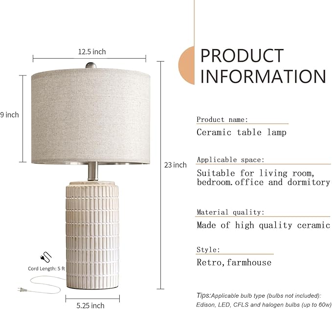 PoKat 23" Modern Ceramic Table Lamp Set of 2 for Living Room White Desk Lamps for Bedroom Farmhouse Bedside Nightstand Bedside Lamp End Table Lamps Beige - Bloomnest